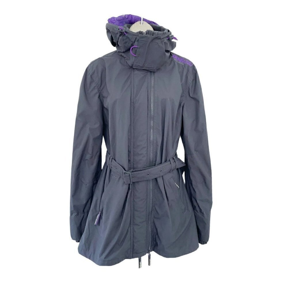 Superdry Professional THE WINDMAC Womans Sz L Gray Hooded Belted Jacket